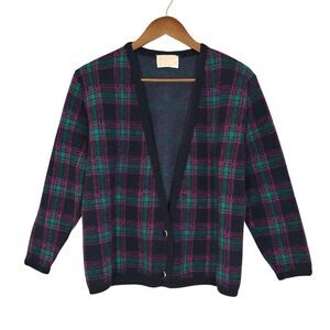Vintage Pendleton Blue, Pink, & Green Plaid Virgin Wool Grandma Cardigan Medium